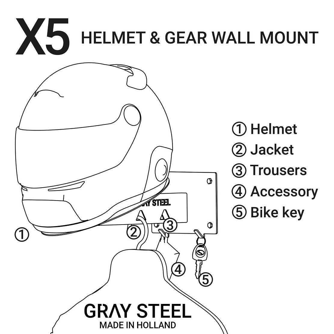 Gray Steel X5 Vægholder til MC-Hjelm og Udstyr Matt Sort